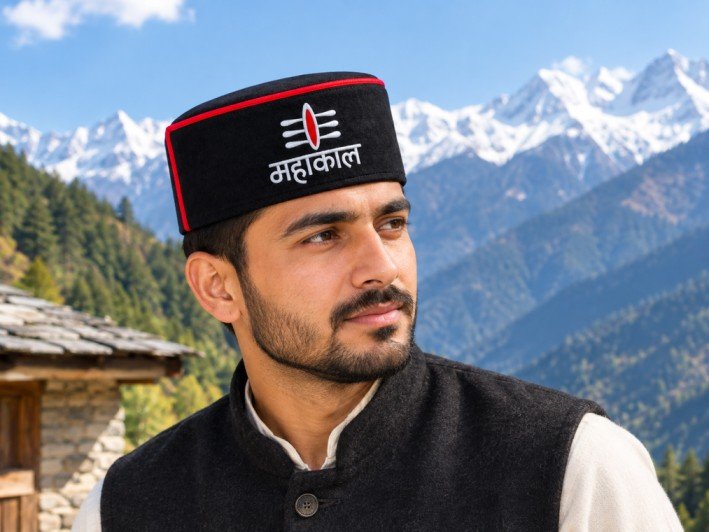 Black Mahakal Himachali Topi – Handmade Wool Pahadi Cap with Shiv Print