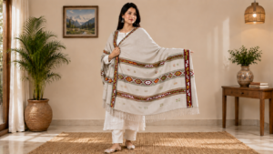 Himalayan Woollen Shawl for Women – Cream Ethnic Woven Design