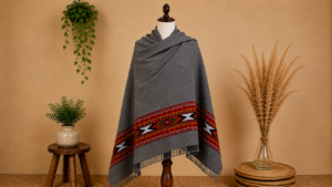 Charcoal Grey Pahadi Shawl – Red Geometric Border & Traditional Fringe