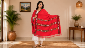 Handmade Manali Pahadi Shawl – Red Kullu Traditional Woollen Shawl