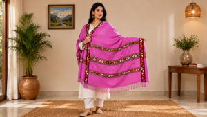 Pahadi Handwoven Shawl for Women – Pink Traditional Kullu Pattern