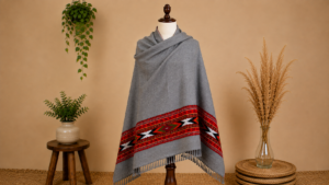 Traditional Pahadi Grey Shawl – Red Geometric Border & Fringe Detail