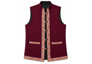 Maroon Pahadi waistcoat for girls with colourful floral border